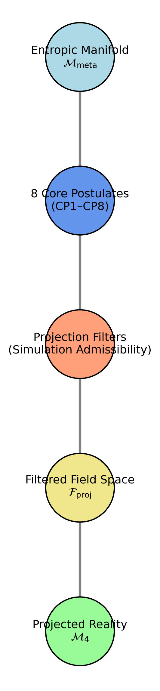 This diagram illustrates the structural logic of the MSM: starting from the entropic manifold \( \mathcal{M}_{\text{meta}} \), the model imposes projectional constraints via CP1–CP8 and octonions-based transformations (15.5.3), applies simulation-based filtering, and defines a computable subset of projectable fields \( \mathcal{F}_{\text{proj}} \). Only these filtered configurations are realized as physically admissible states in \( \mathcal{M}_4 \).
